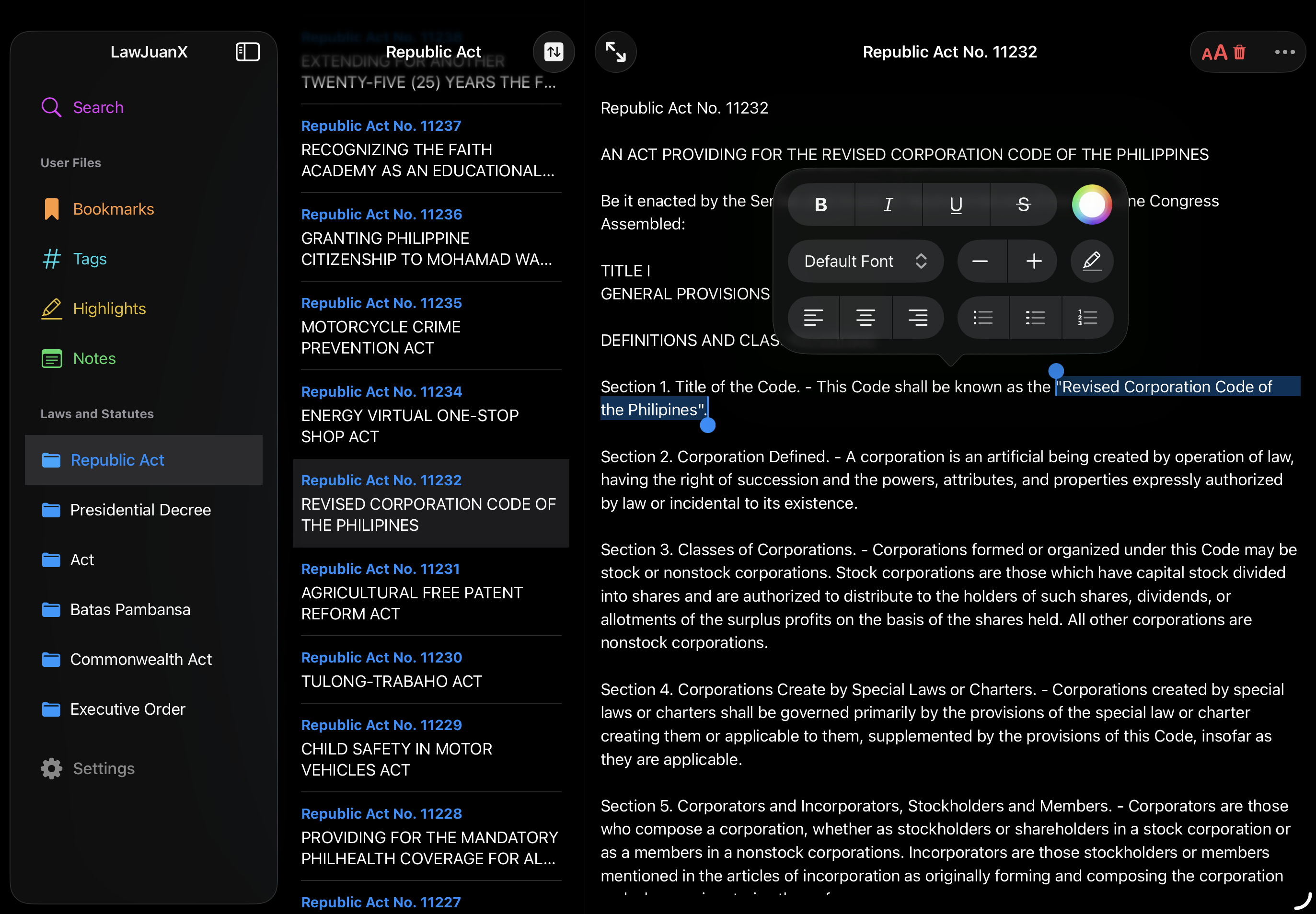 LawJuan running on iPad with law categories and a statute reader