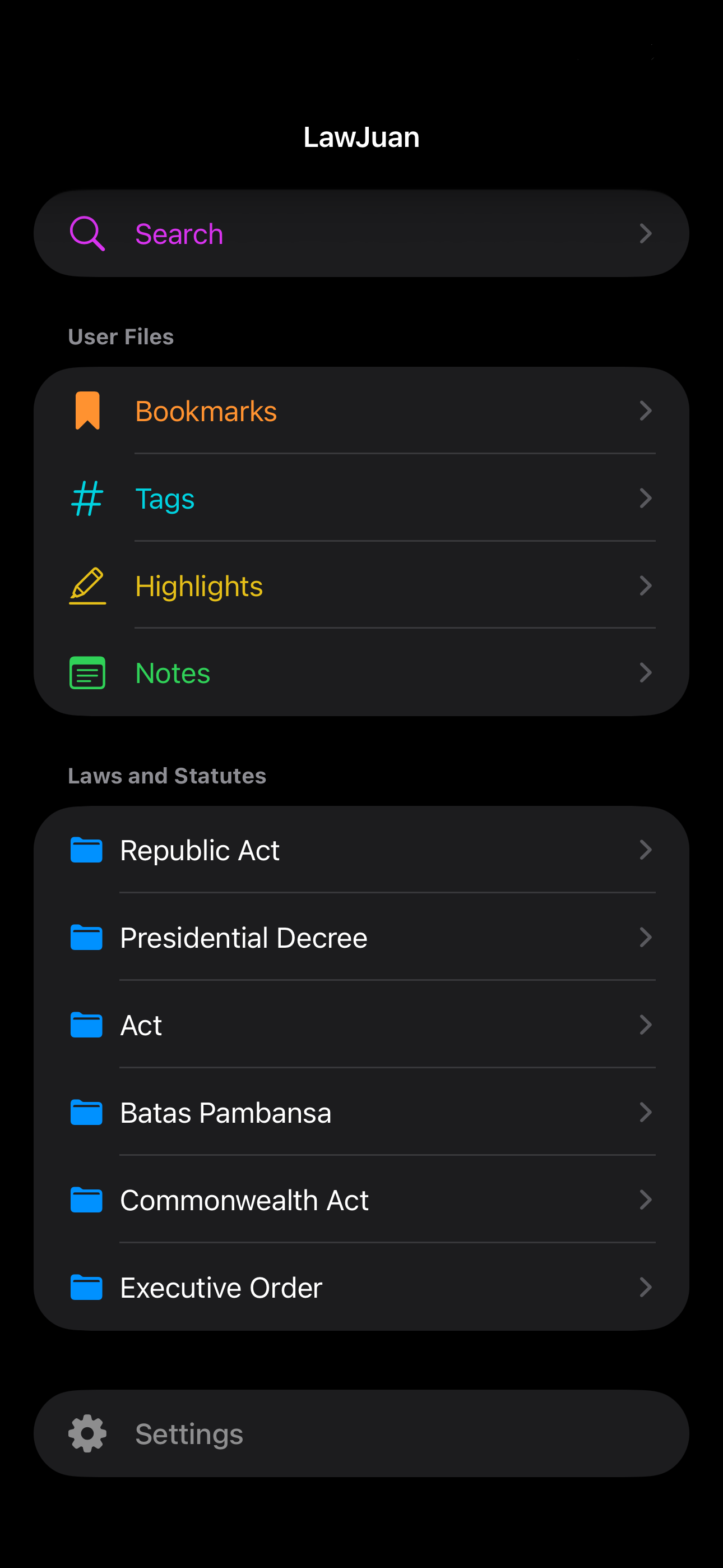 LawJuan iPhone home screen showing search, bookmarks, tags, highlights, notes, and law folders